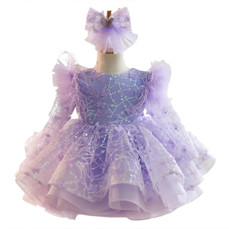 Butterfly sequined long sleeve princess dress for children in dreamy purple colour