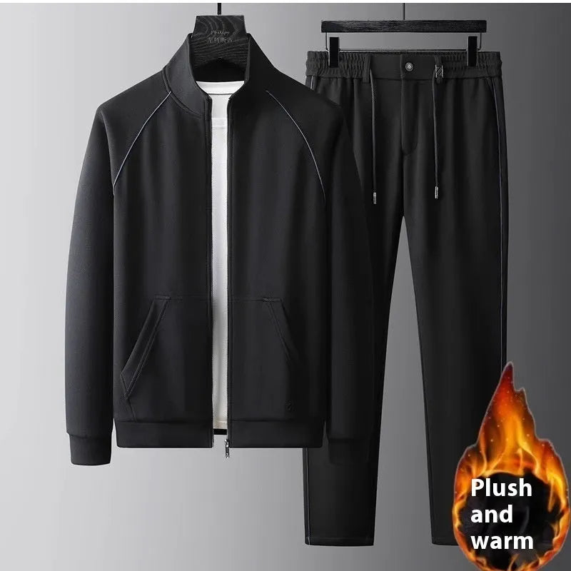 Men's slim fit stand collar casual sports suit set in a choice of colours, featuring a coat and matching trousers.