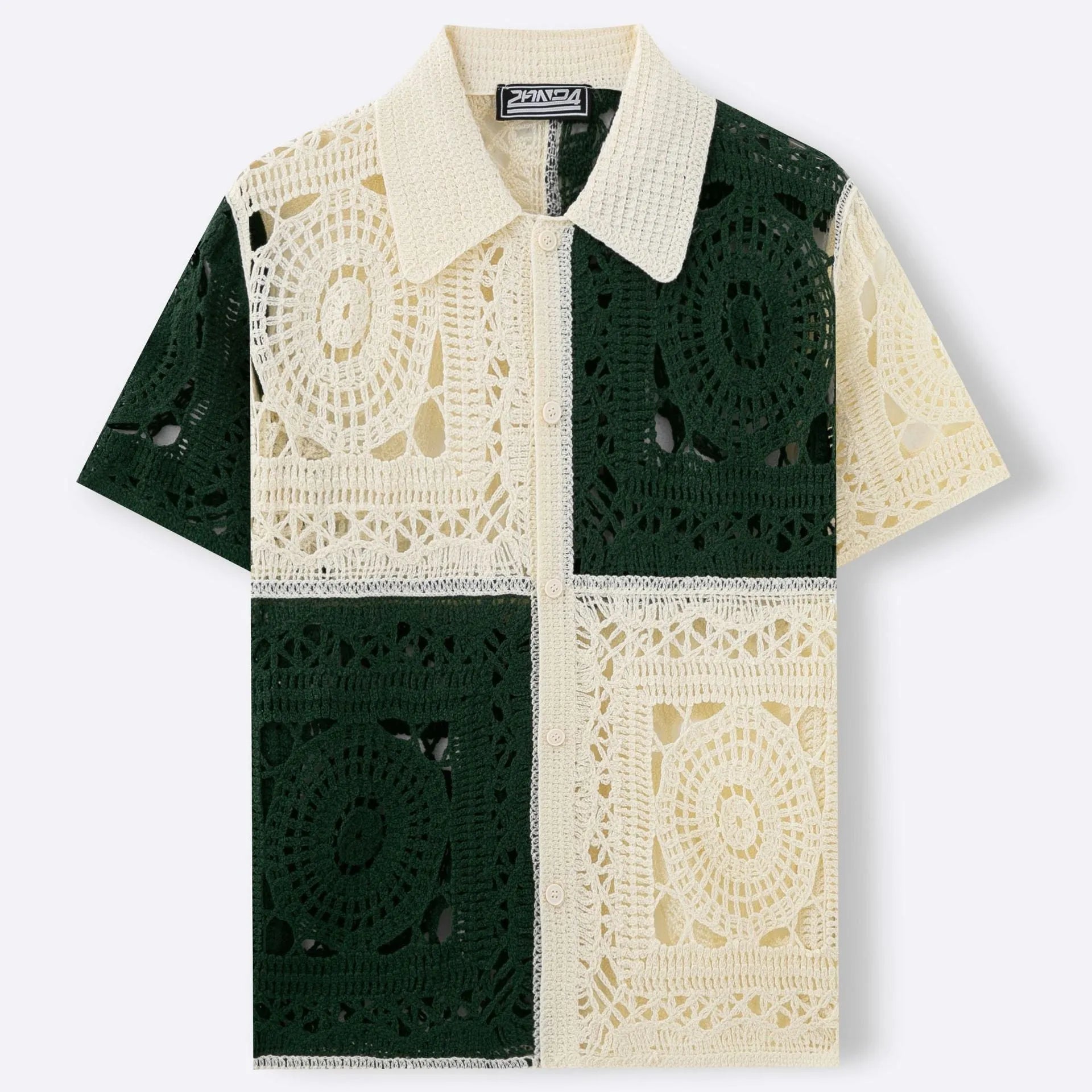 Men's beige colourblock acrylic short sleeve sweater with flocking detail