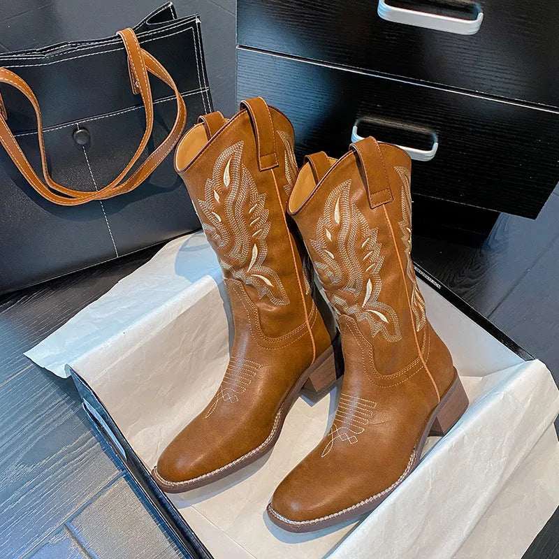 Brown women's embroidered mid-calf boots with leather lining and square heel
