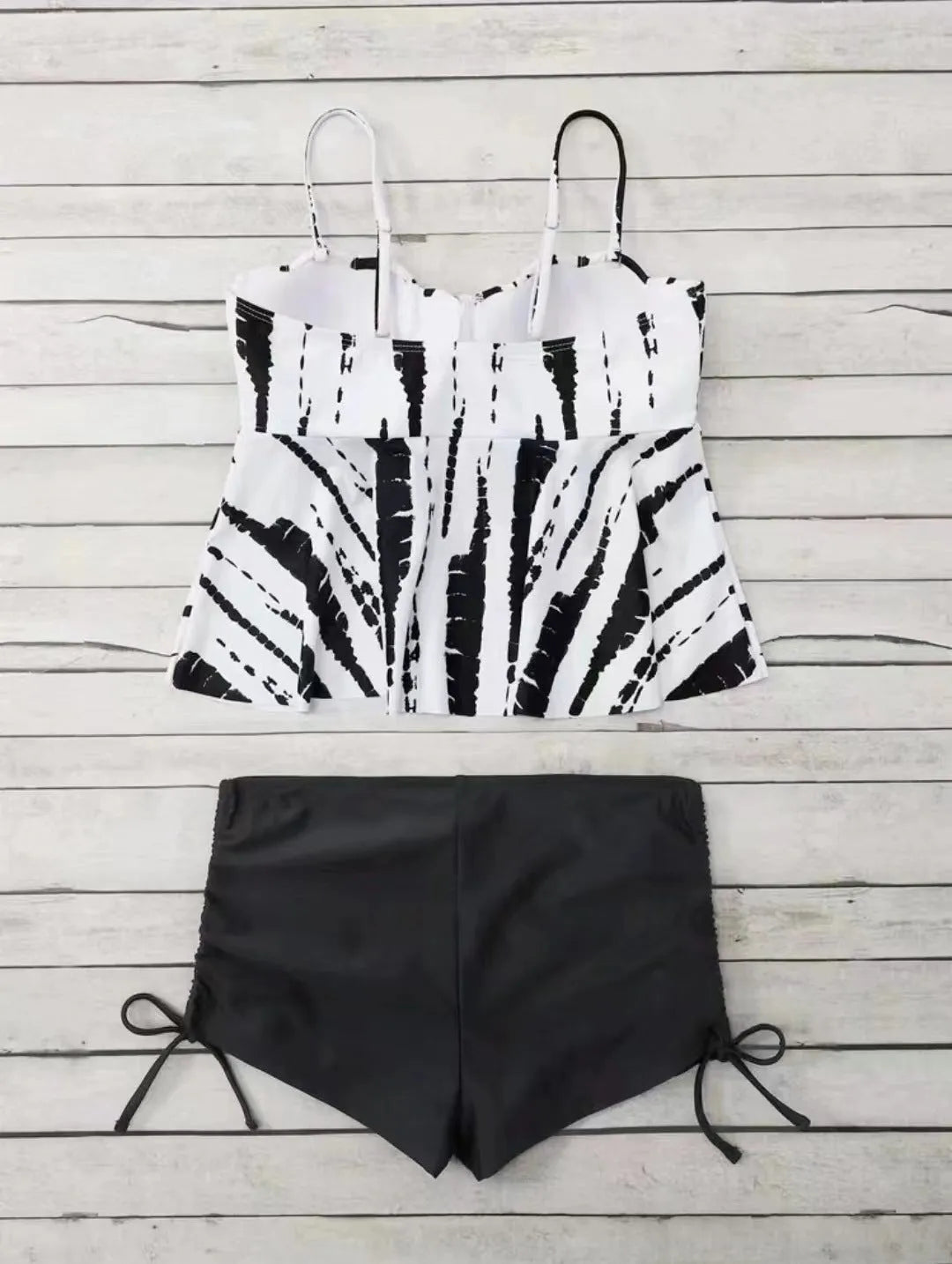 Women's hard bag printed split bikini swimsuit in polyester, white colour, front view with top and shorts