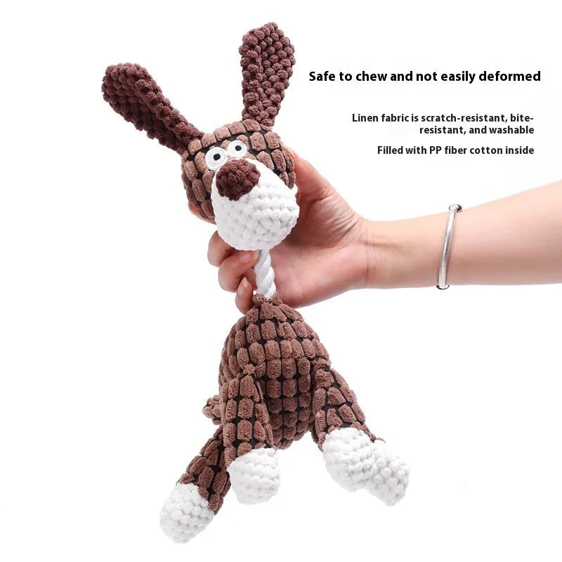 Assortment of soft plush pet toys: donkey, rechargeable duck, blue elephant, dizzy dog, and blink elephant.