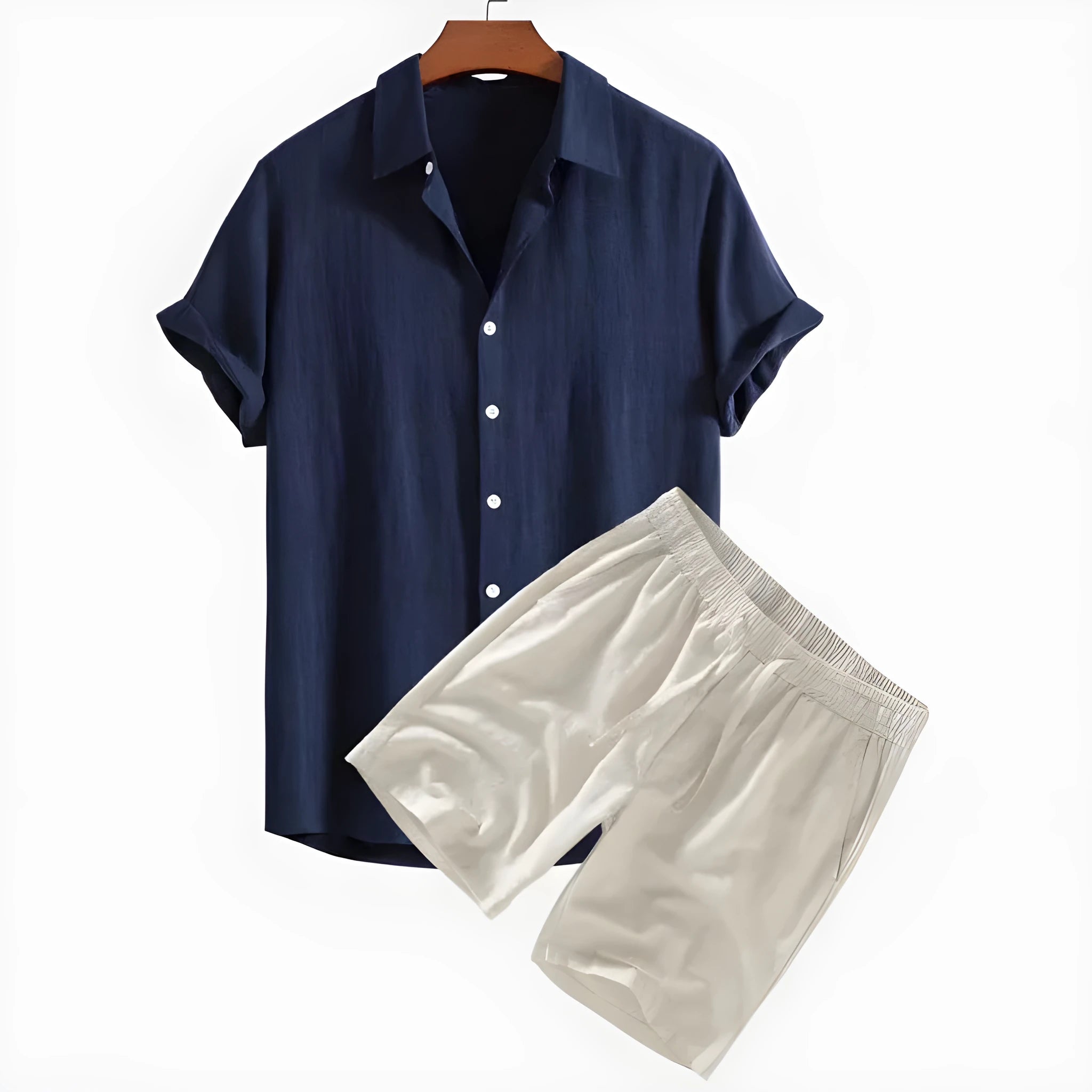 Men's solid color casual short-sleeved shirt and shorts suit in polyester fibre, available in black, coffee, green, navy blue, white, wine red.