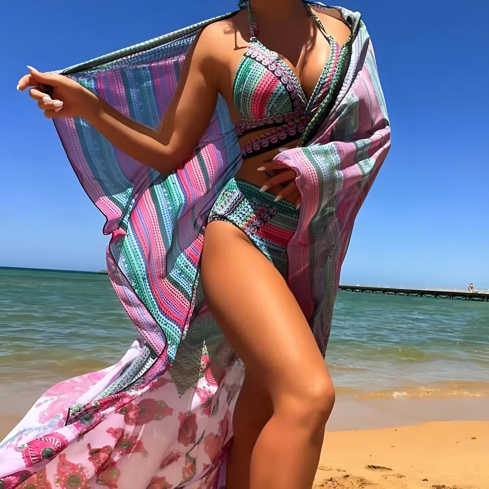 Women's blue cross bandage high waist bikini three-piece swimsuit set with veil on mannequin