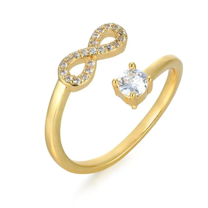 Geometric open zircon ring with chosen letter on gold, rose gold or silver metal background