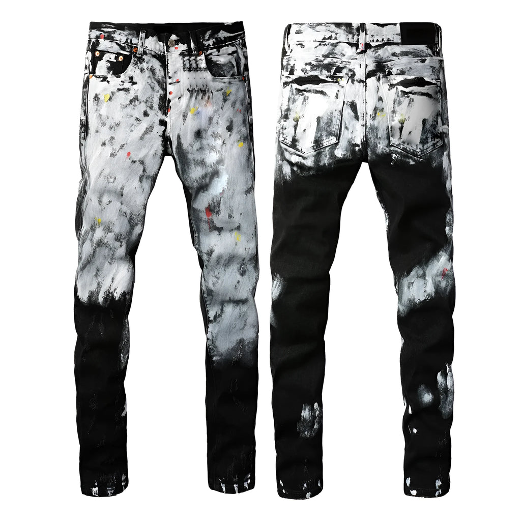 Black men's retro slim fit stretch jeans with button fly, straight leg pencil cut, cotton fabric, size 28-40