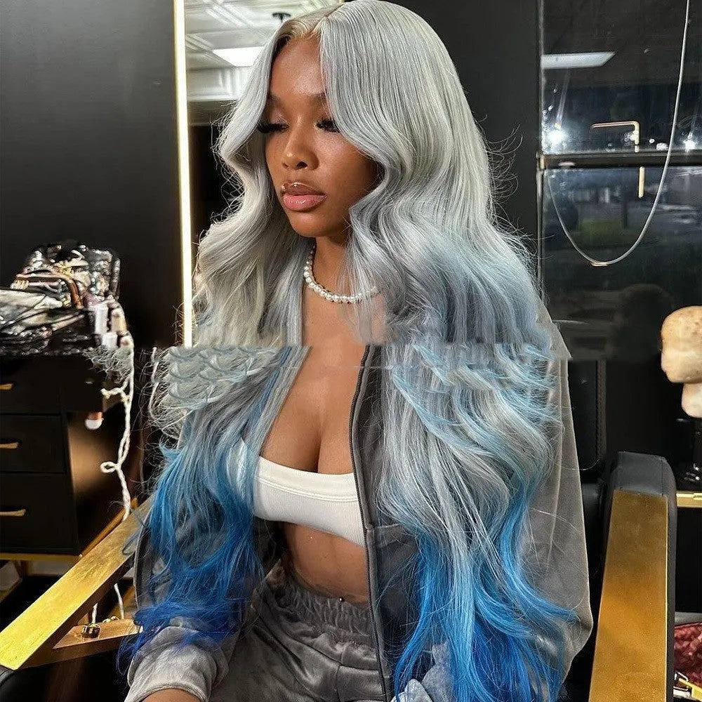 Grey blue gradient lace front wig with 4x4 construction and length options