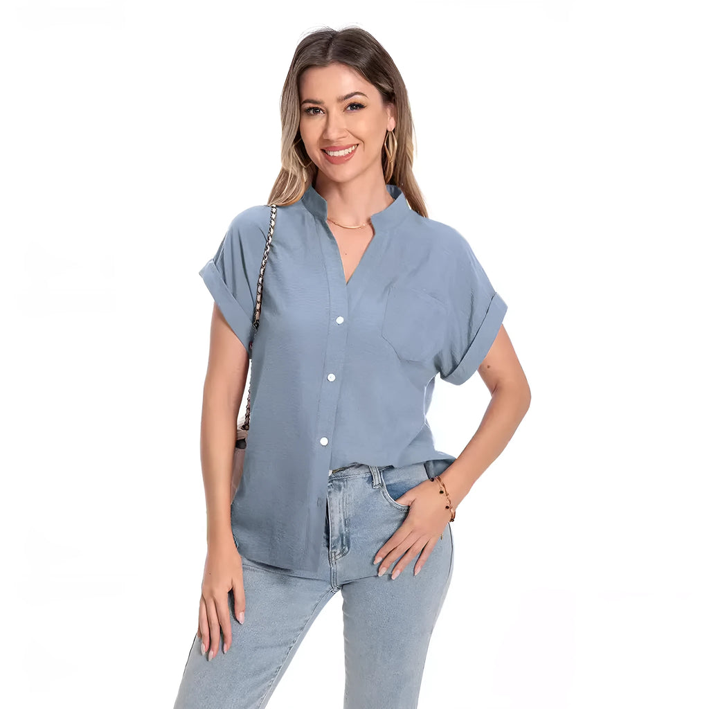 Women's stand collar button front short sleeve loose summer top in black polyester