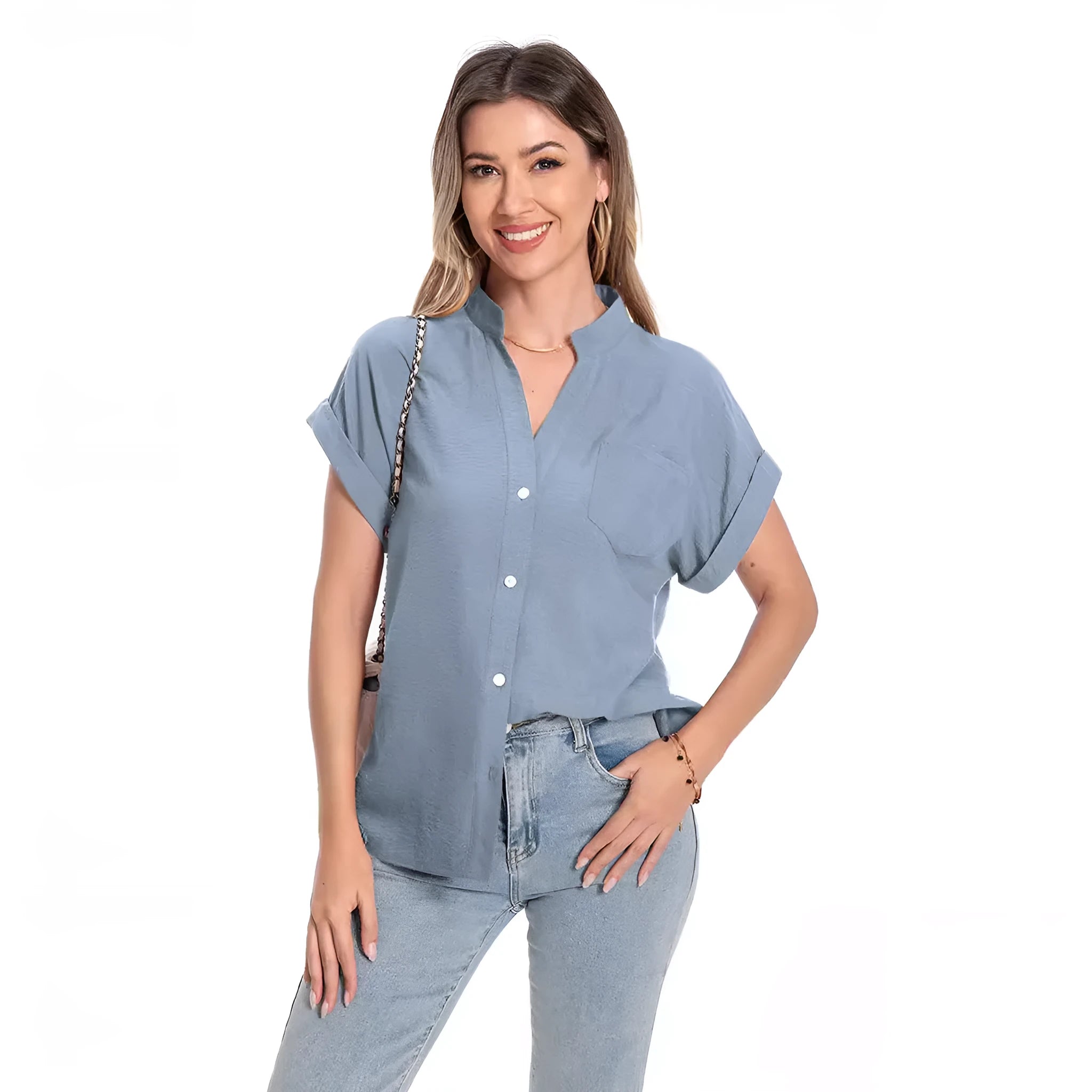 Women's stand collar button front short sleeve loose summer top in black polyester