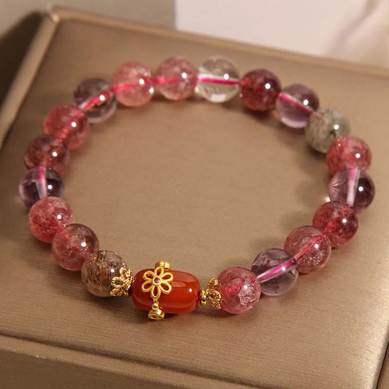 Natural Super Seven crystal bracelet for women, red agate colour, fresh sweet cartoon style
