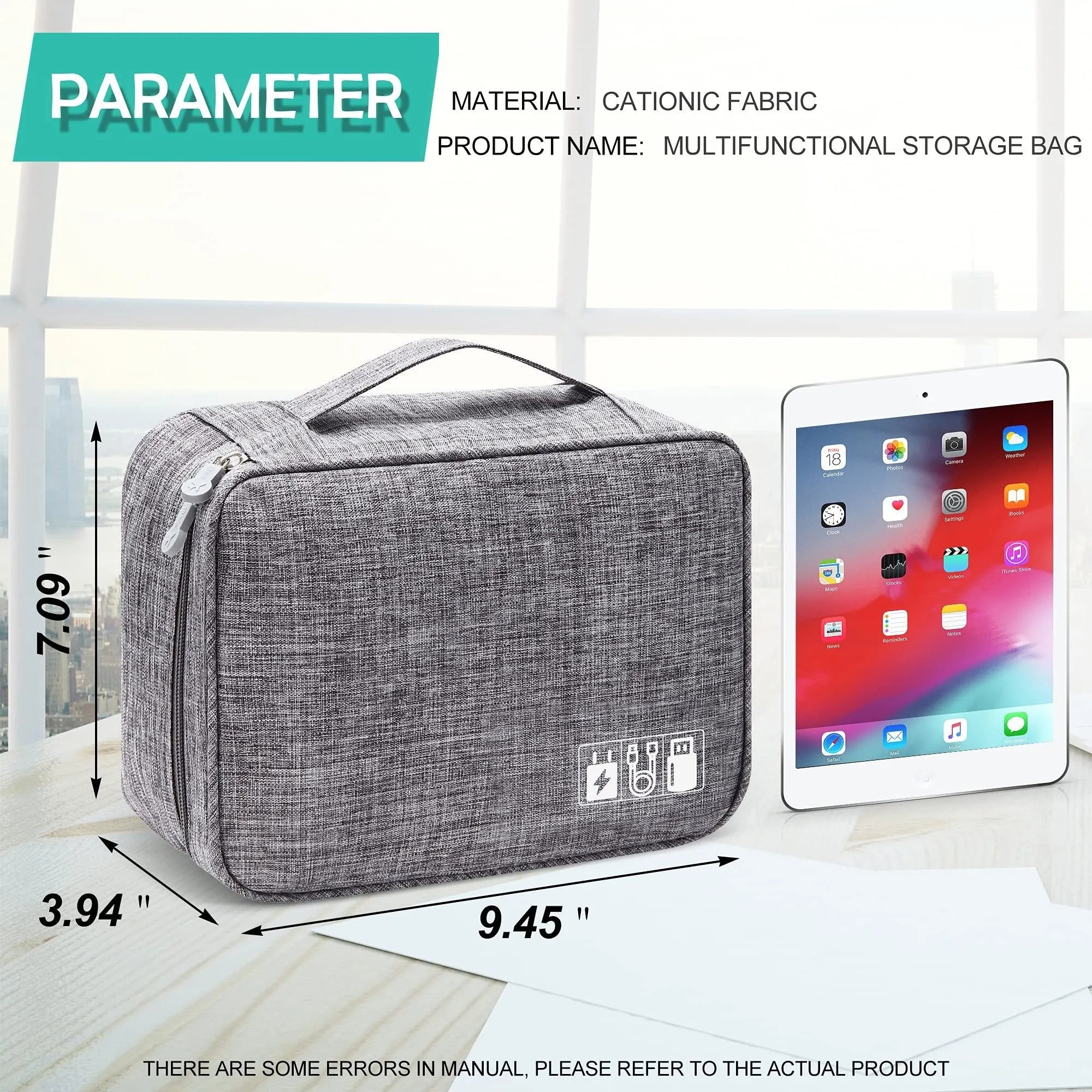 Black electronics organiser case open to show mesh pockets, elastic loops and removable padded dividers inside.