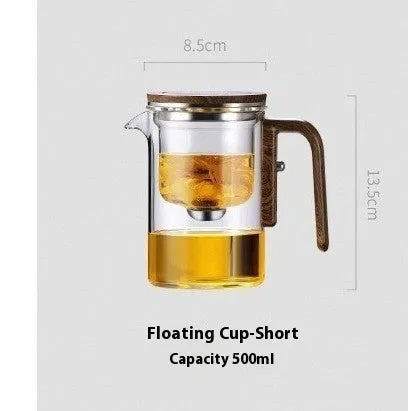 Glass teapot with magnetic water separation, walnut wood handle, borosilicate glass body, 500ml or 700ml capacity
