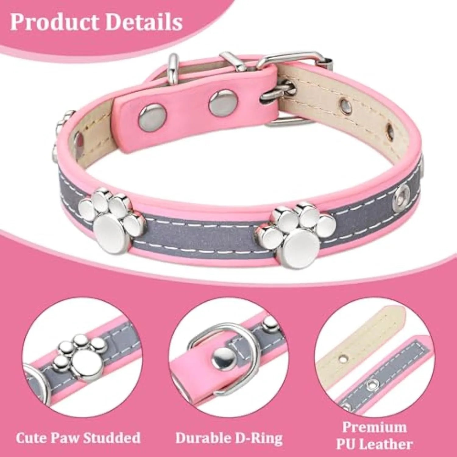 Reflective adjustable dog collar made of brown PU leather with a metal buckle and paw-shaped rivets.