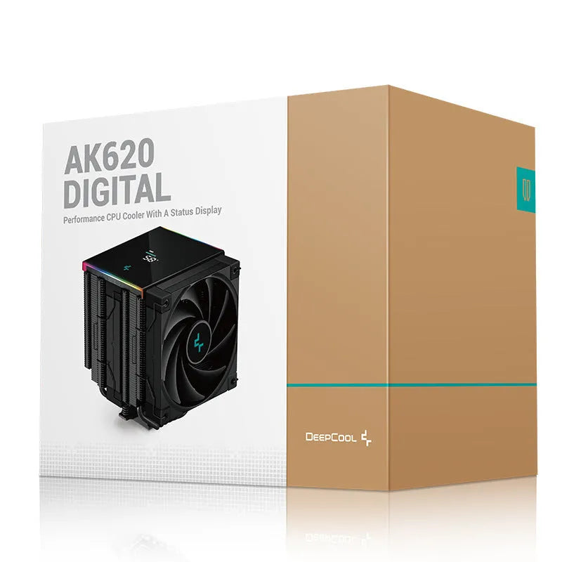 Black CPU air-cooled tower heatsink with digital temperature display showing temperature reading