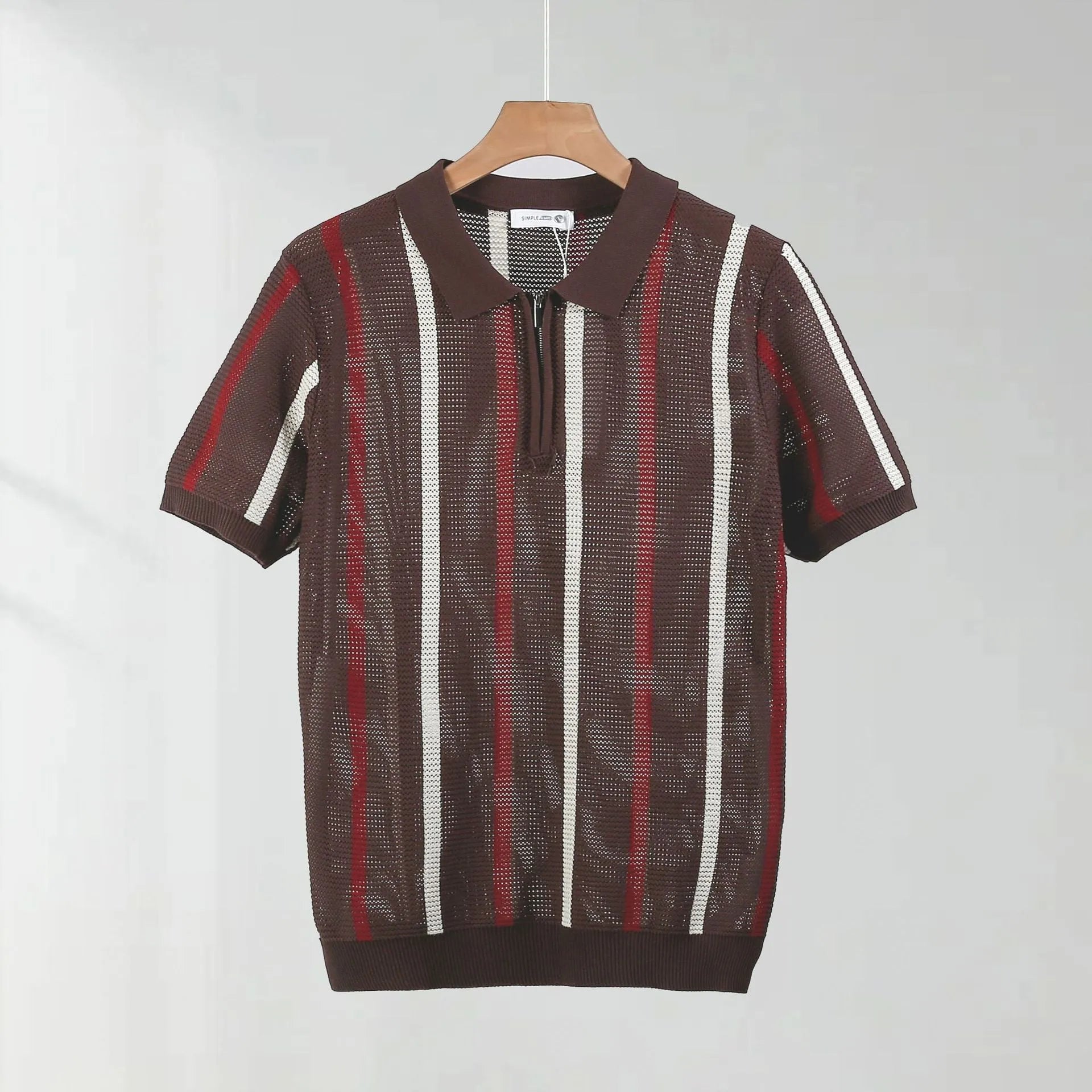 Hollow mesh short-sleeved polo shirt in Ice Silk fabric with zipper decorations, loose fit