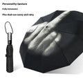 Folding umbrella automatic eccentric tri-fold design with iron frame and NC fabric cover, 8 ribs, plastic handle
