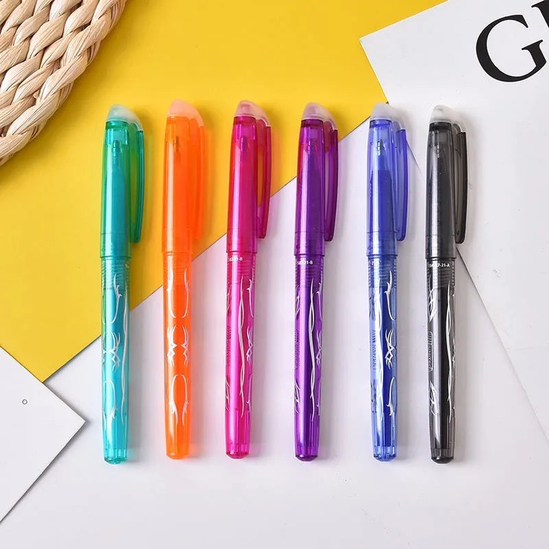 Set of multi-colour heat-erasable gel pens with plastic bodies and stainless steel nibs.