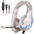 Wired gaming headset with cloth earmuffs, braided cable, and 3.5mm plug in camouflage blue colour