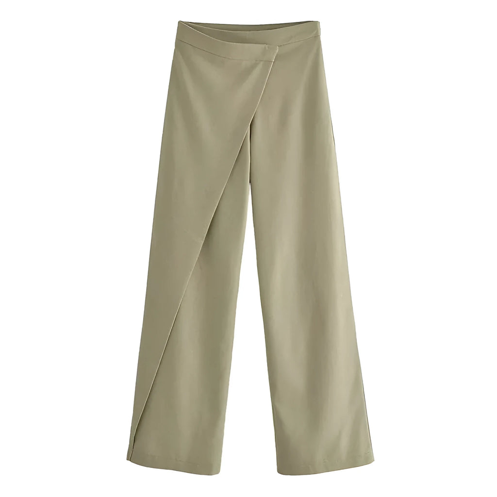Women's linen-cotton blend straight-leg trousers in khaki, mid-waist, size M, casual street fashion style