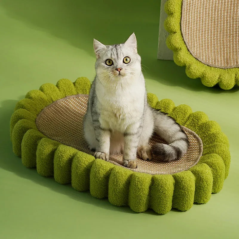 Green oval cat scratch pad bowl measuring 650mm serving as scratching board and cat bed