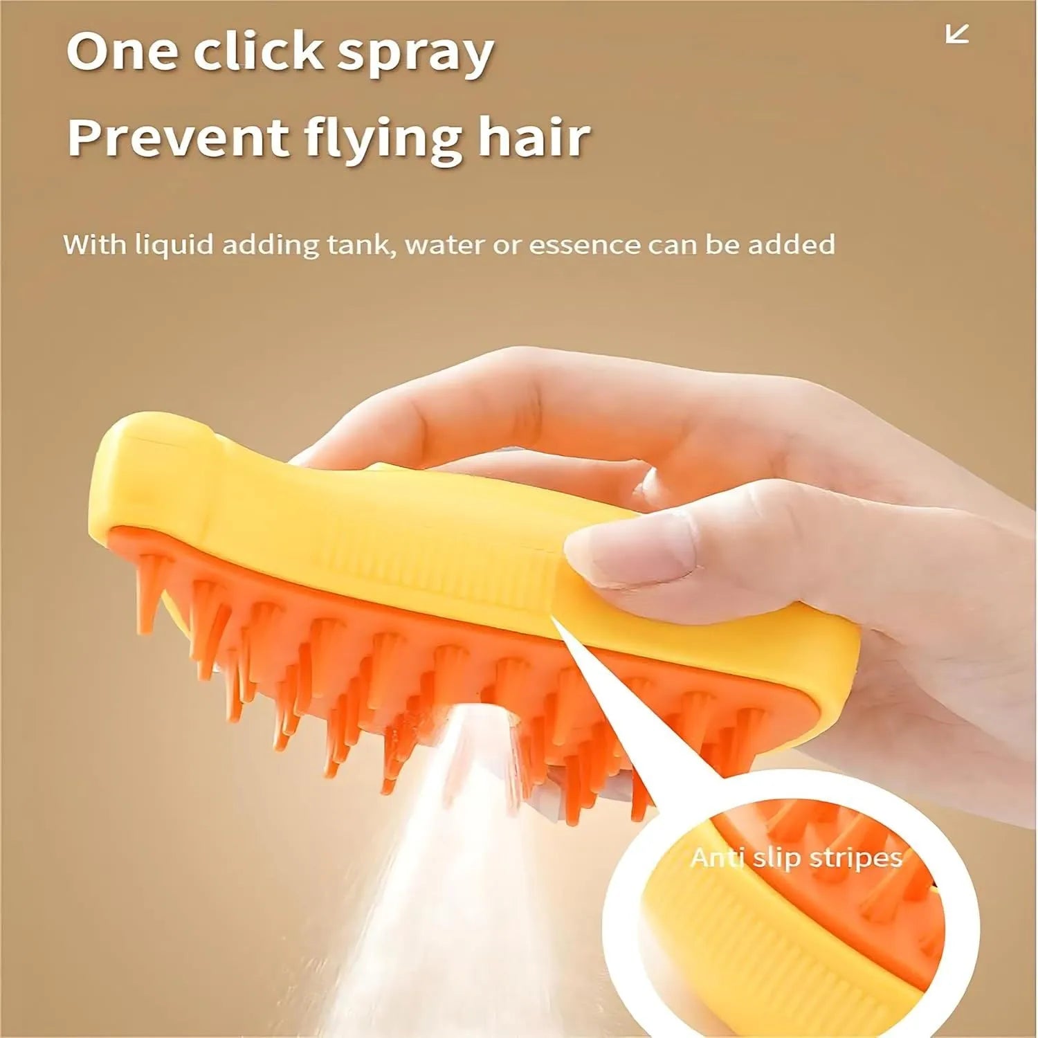 Green and yellow rechargeable steam cat brush with silicone paw-shaped bristles on a white background.