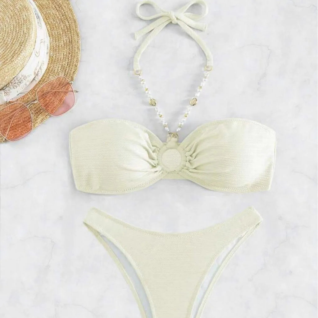 Women's halter bikini set in solid creamy-white colour with polyester spandex fabric