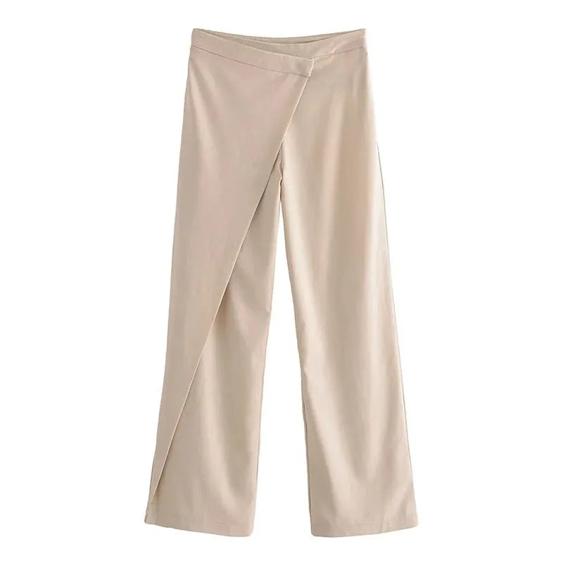 Women's linen-cotton blend straight-leg trousers in khaki, mid-waist, size M, casual street fashion style