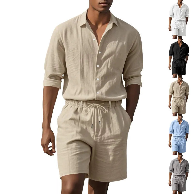 Men's casual linen beach suit set featuring a long sleeve shirt and matching shorts.