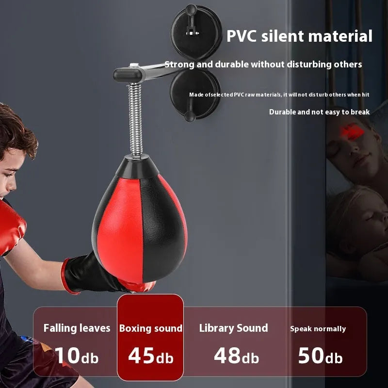 Pear-shaped inflatable hanging boxing training ball with elastic cord and suction cup mount.