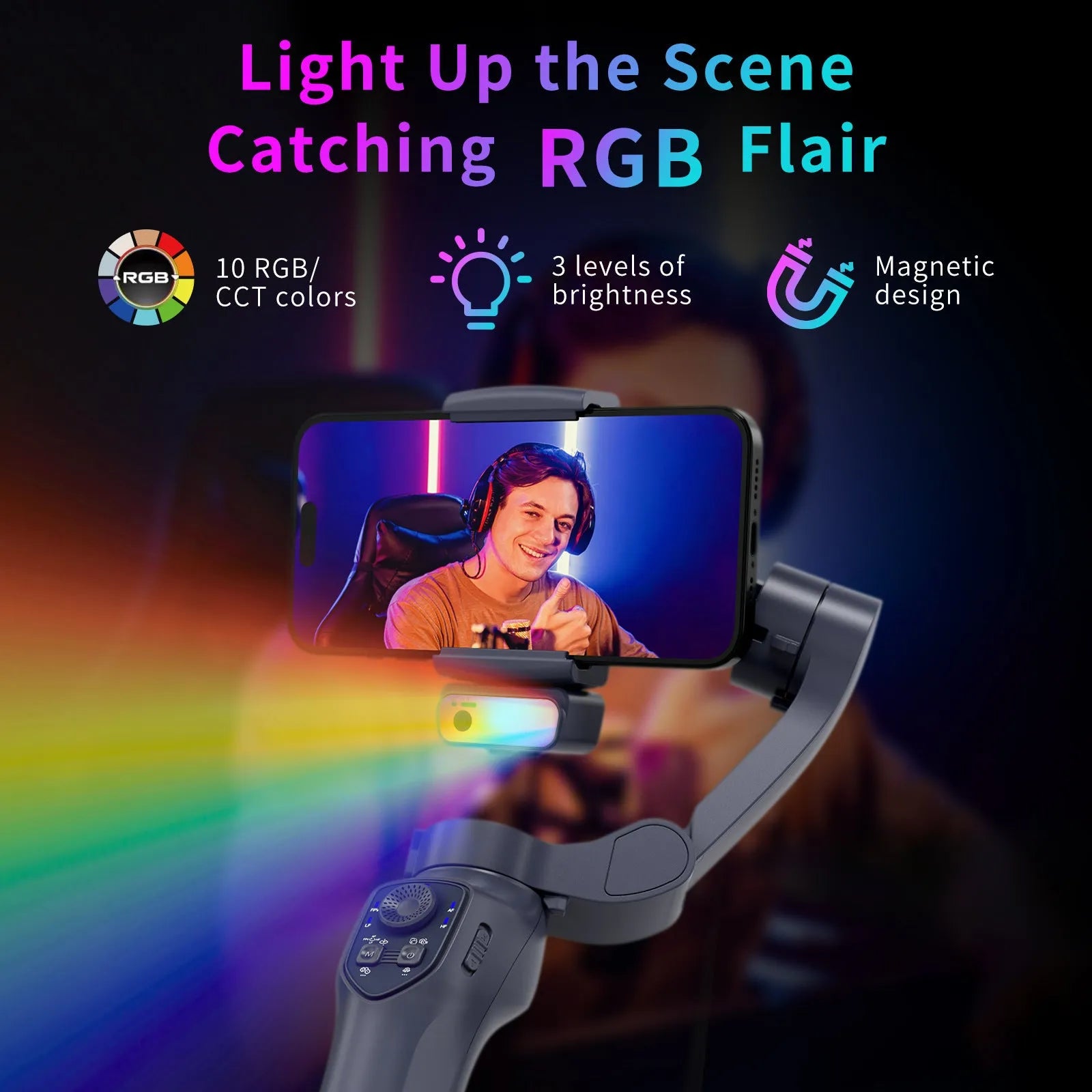 Foldable handheld gimbal stabilizer in gun colour with USB charging port