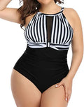Women's black one-piece swimsuit with lace detailing, shown alongside red flower and striped pattern options.