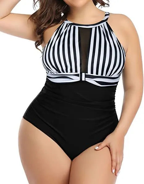 Women's black one-piece swimsuit with lace detailing, shown alongside red flower and striped pattern options.