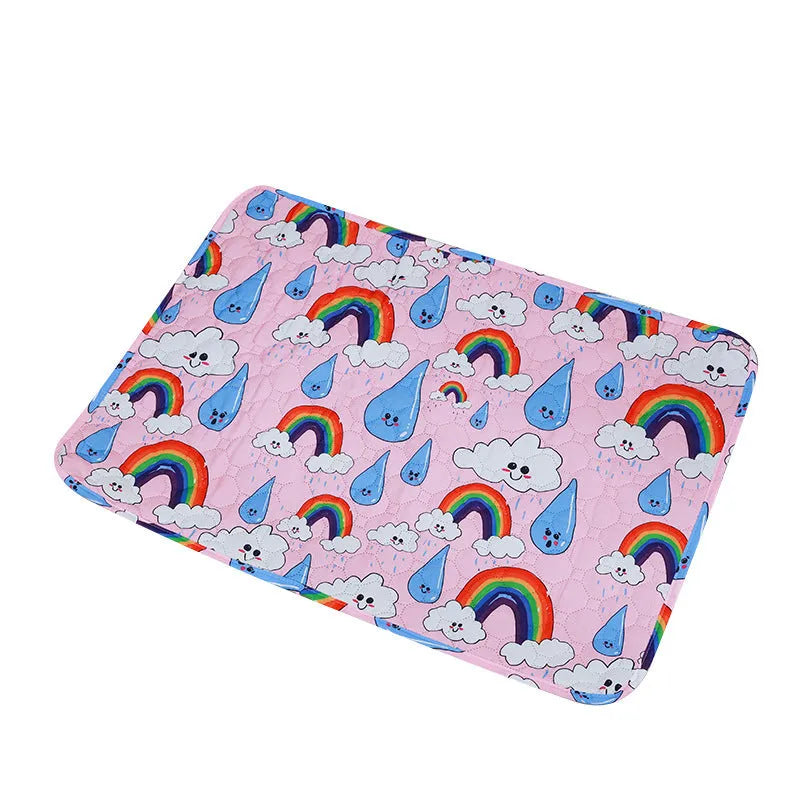 Reusable washable pet urine pad in animal world pattern showing waterproof cloth material.
