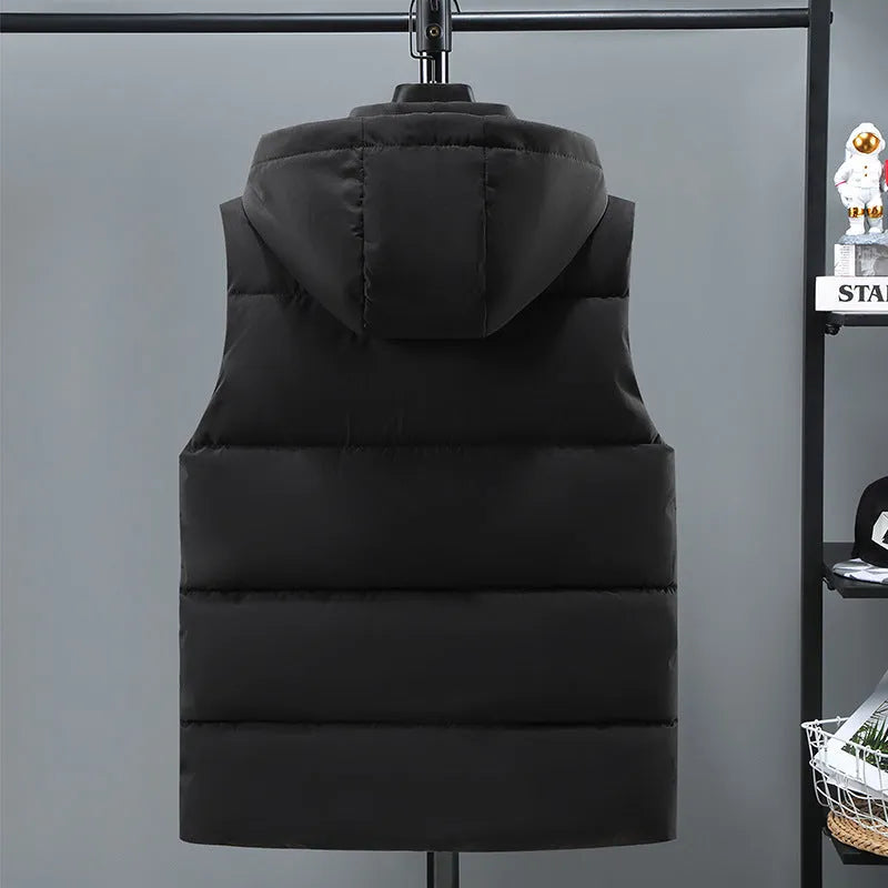 Men's warm thickened solid colour vest with removable hood, polyester fibre, black colour, zipper bag pocket, straight hem