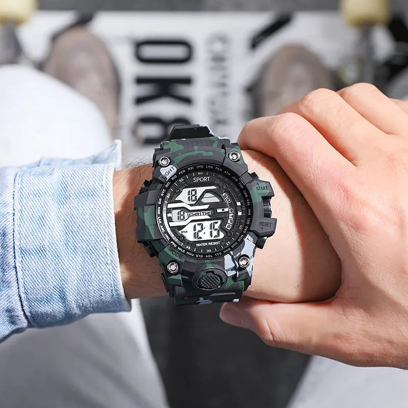 Men's sports watch with large dial, waterproof to 10m, digital display, available in blue