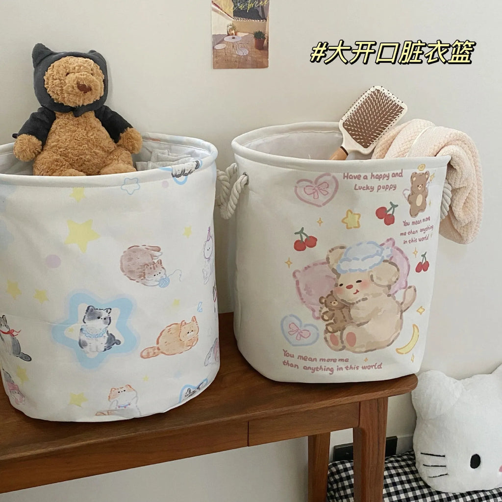 Foldable cotton laundry basket showing one of twelve colour patterns including animal motifs