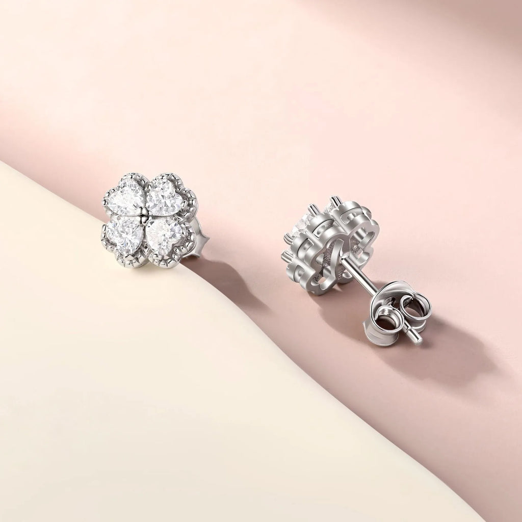 925 silver zircon earrings with four-leaf clover design and heart-shaped elements in white gold colour