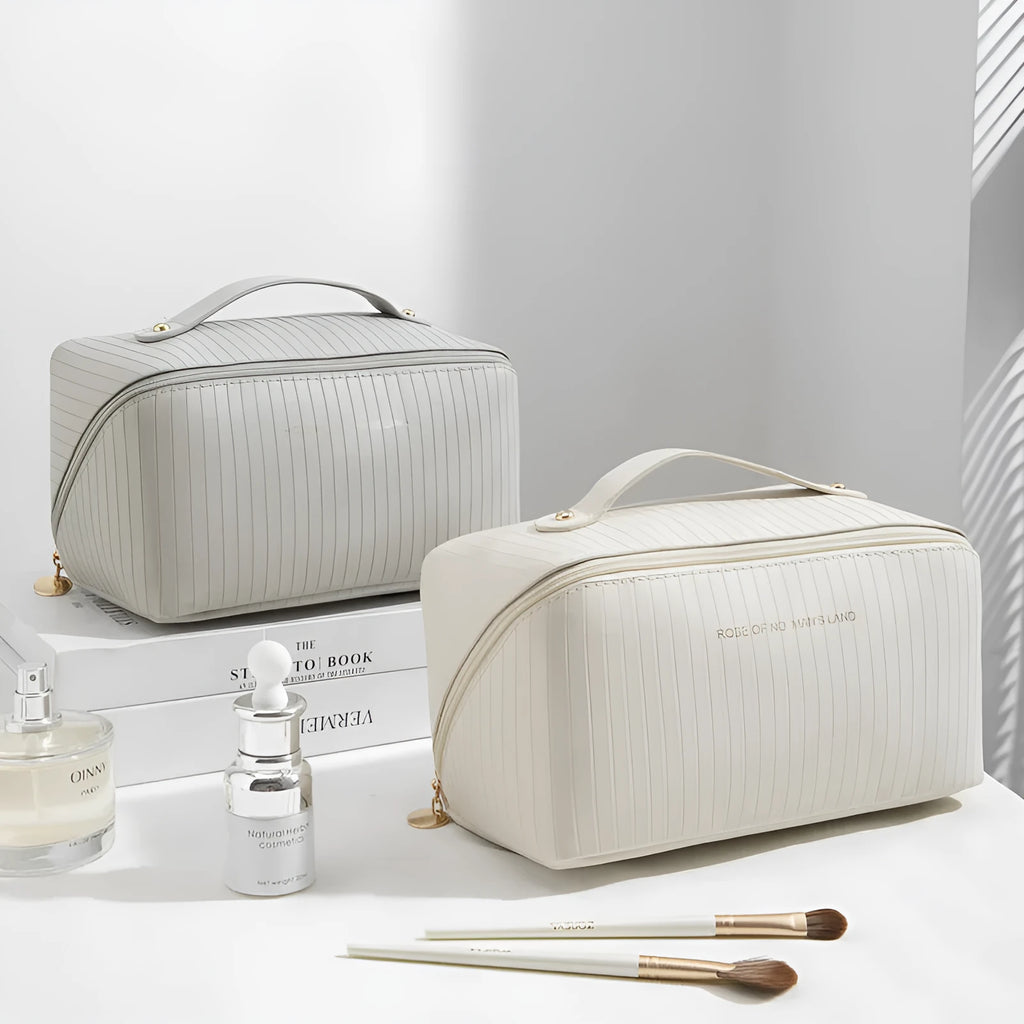 Vertical pattern makeup bag with cubic 22.5cm dimensions in beige, black, brown, grey, and pink colour options