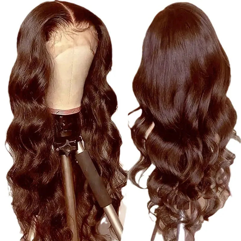 Dark brown long curly front lace wig with side fringe on display stand