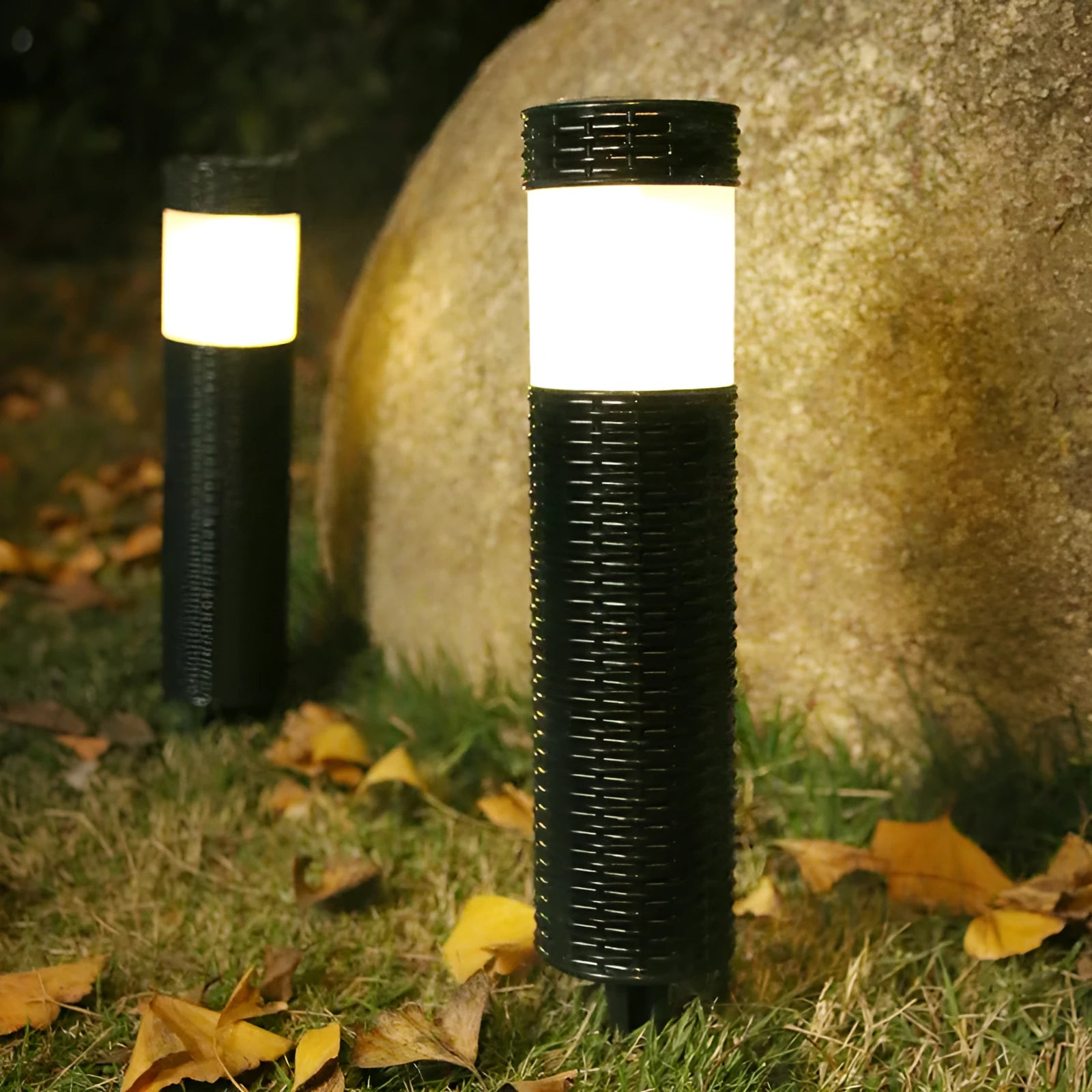 Abstract outdoor waterproof garden light with slim 65x350mm body, available in flame, warm, or white light