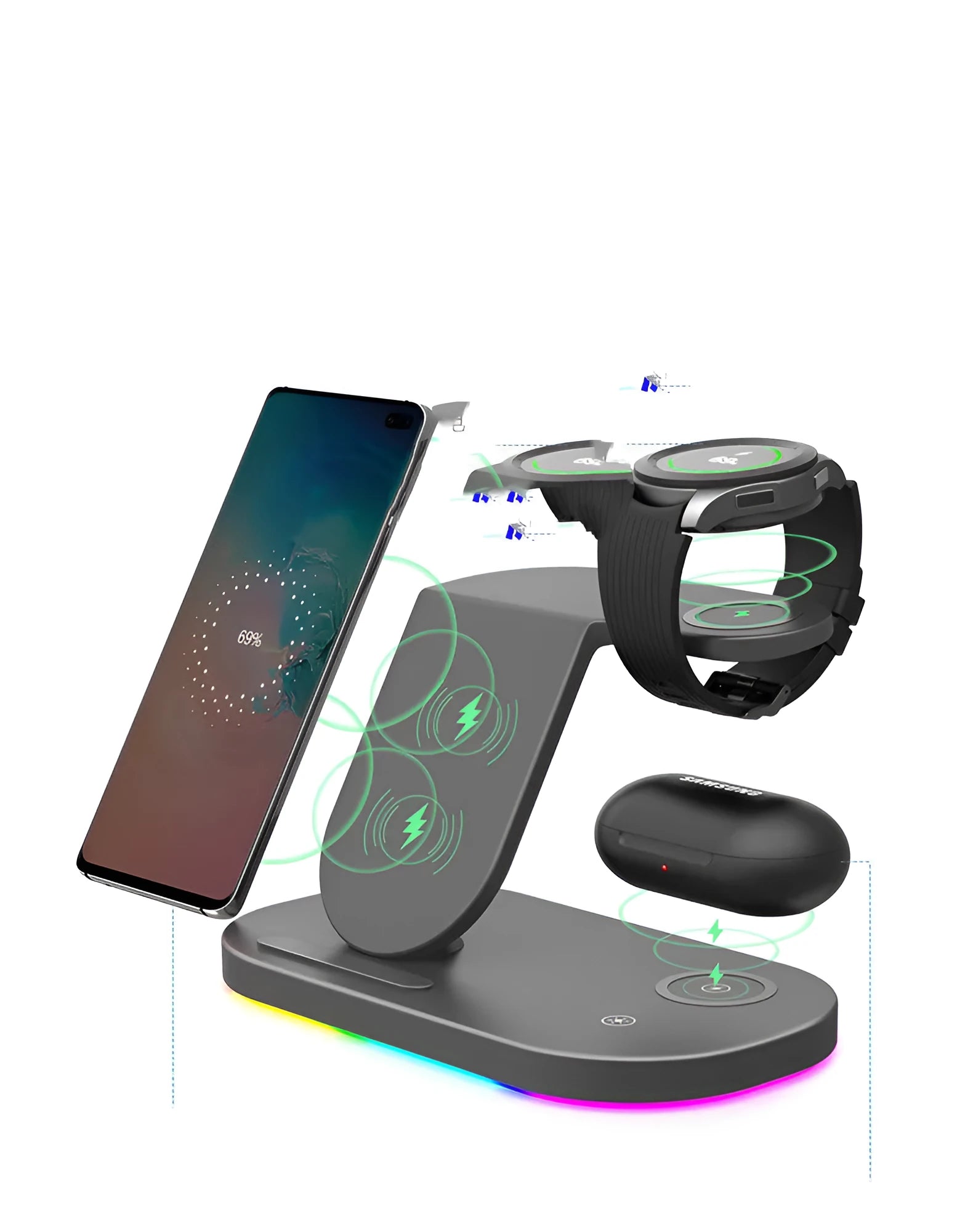 15W three in one wireless charger for watch and mobile phone in black with Type-C input
