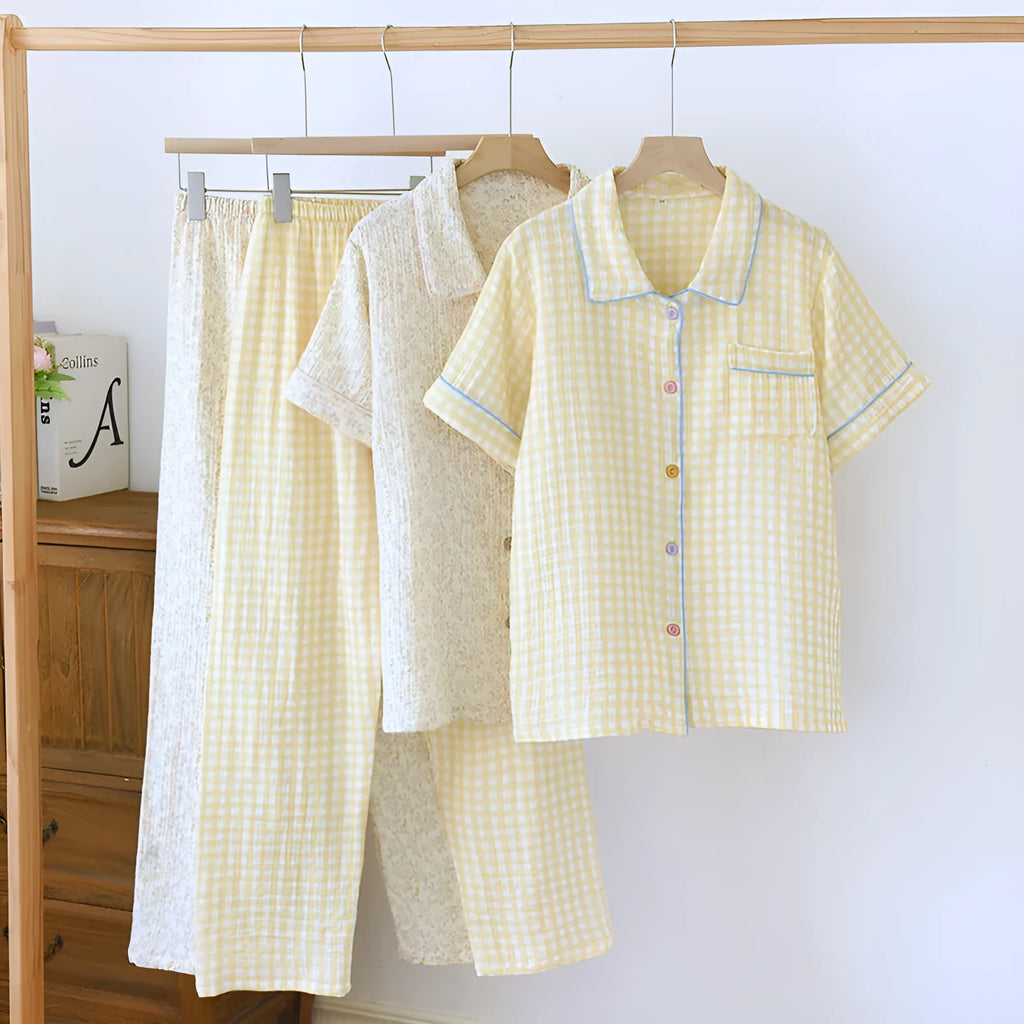 Women's washed cotton gauze short-sleeved top and loose trousers casual set in a summer colour