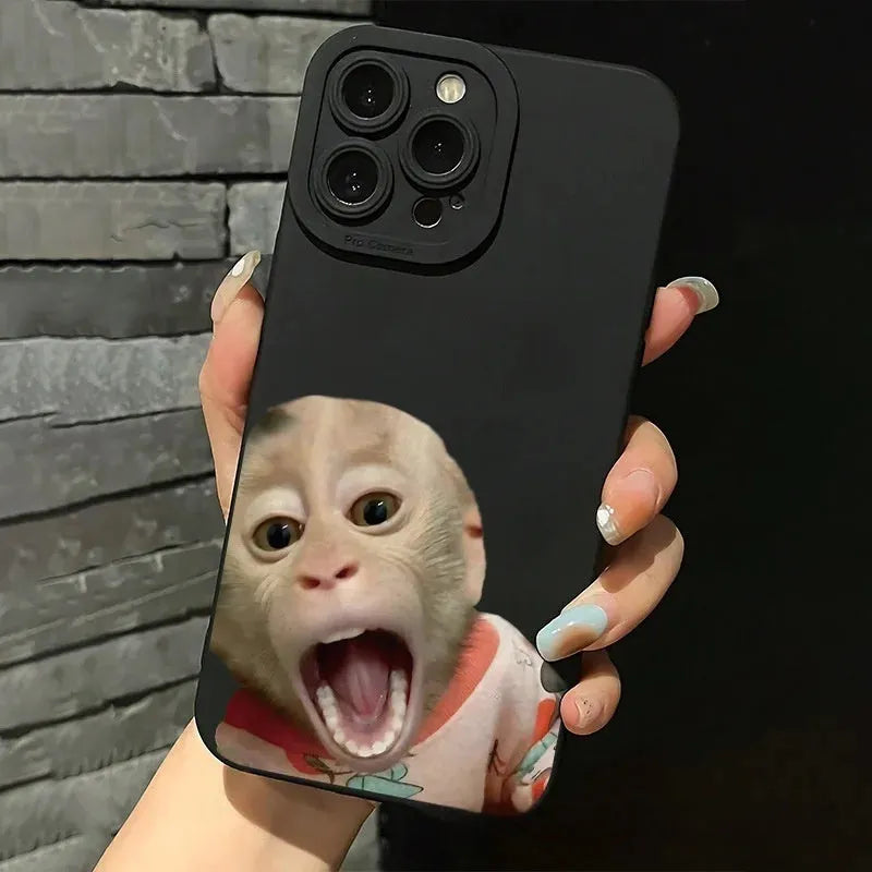 Black TPU phone case with trendy monkey print for Apple 15 Pro, shockproof and anti-fall design