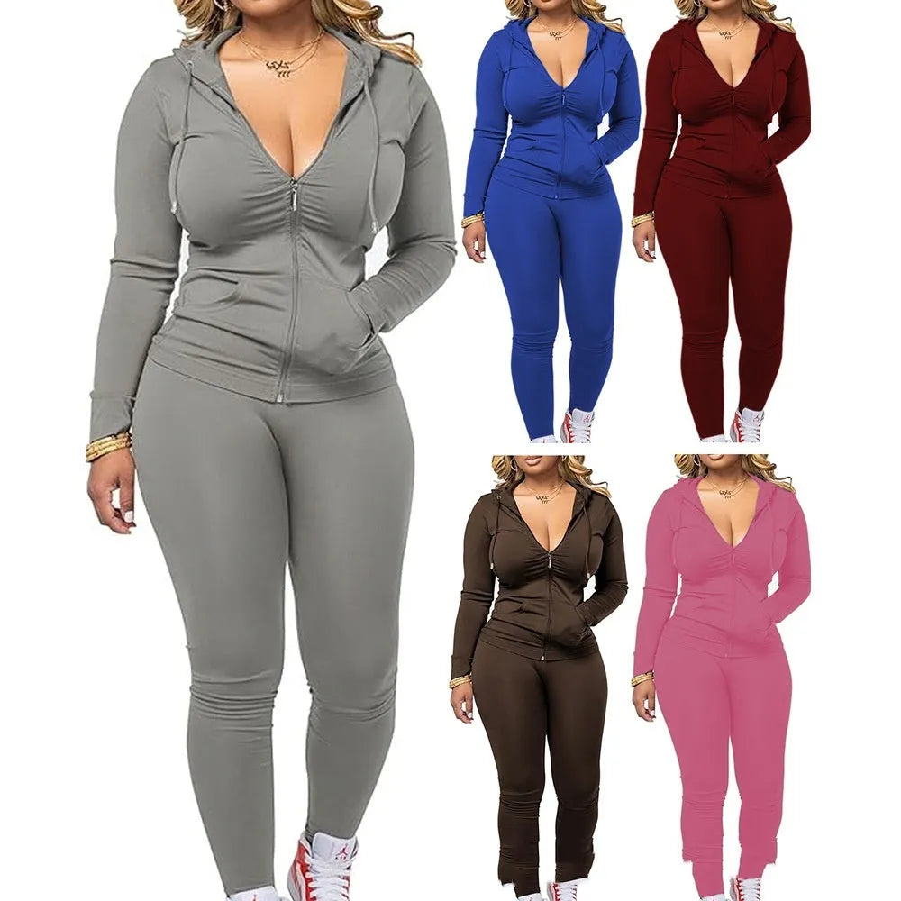 Women's casual long-sleeved zipper hoodie and pants two-piece set in milk silk fleece, available in gray and other colours