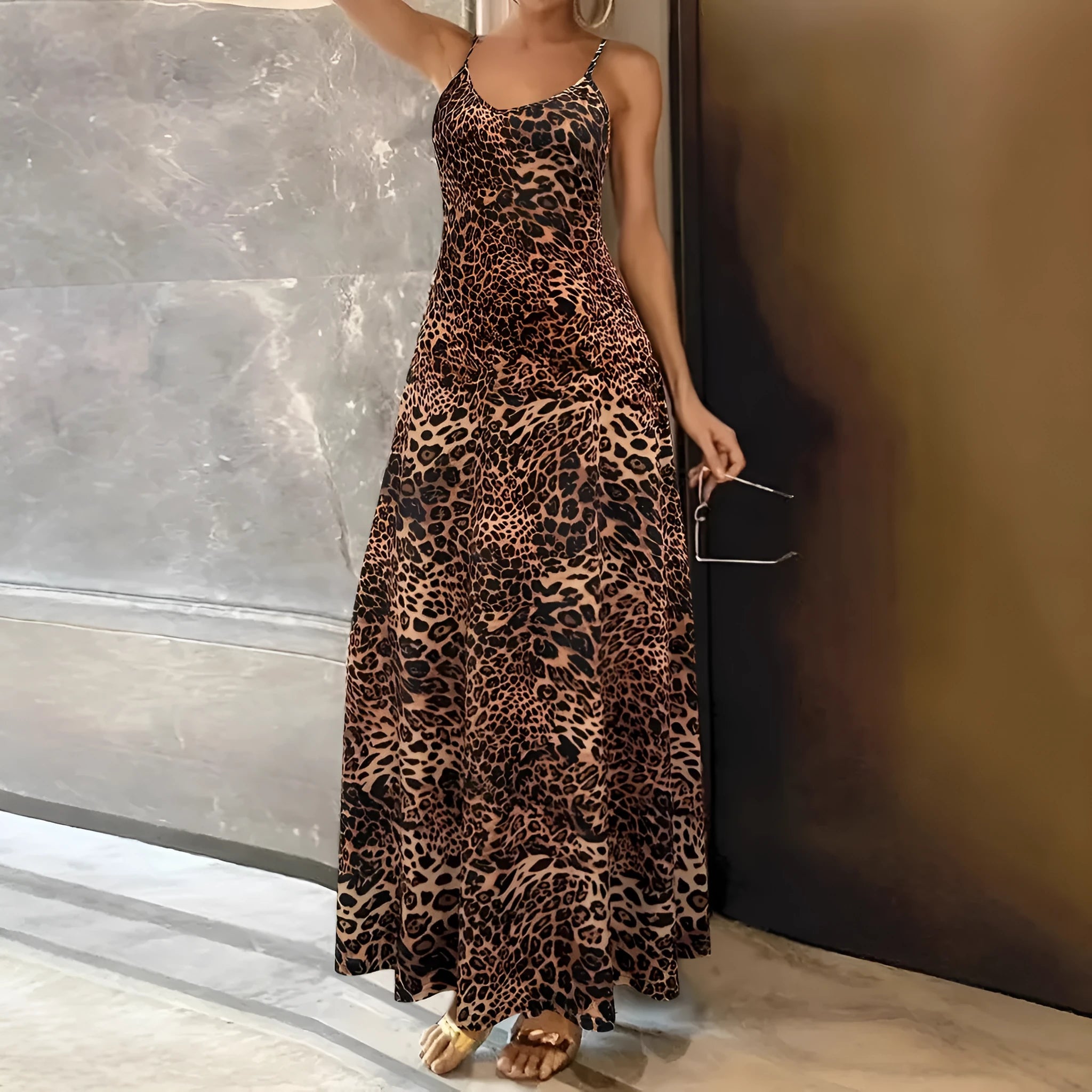 Dark brown leopard print casual dress with sleeveless sling design and round neck