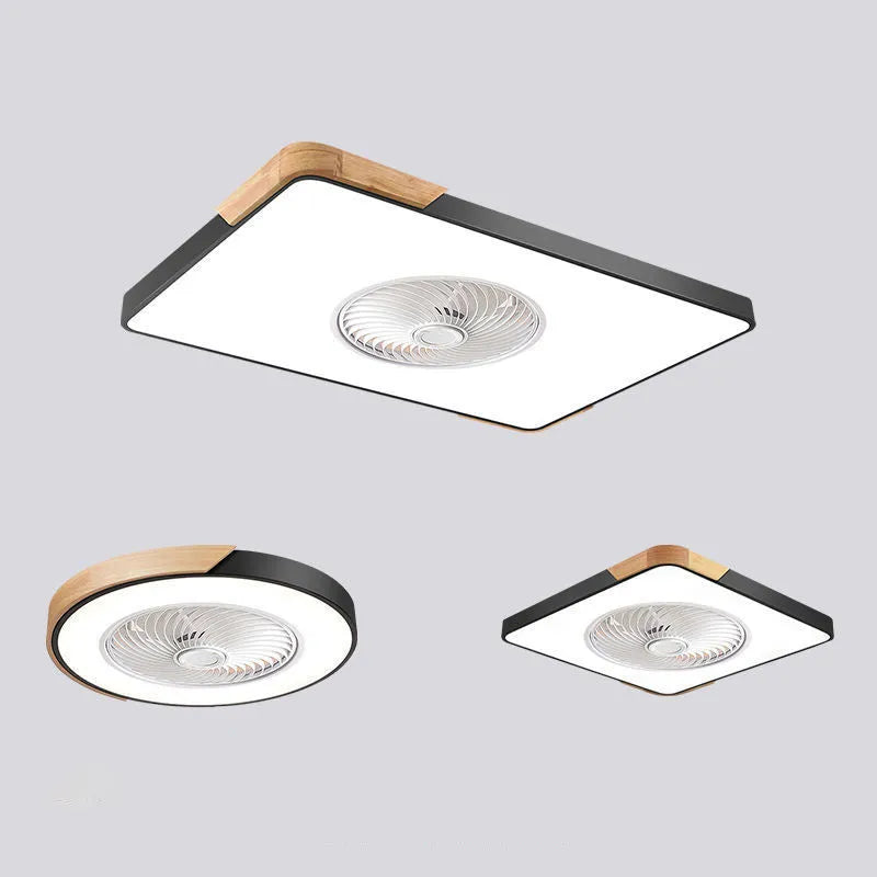 Nordic ceiling fan light with solid wood frame and white PVC lampshade, shown in round, square, and rectangular shape options.