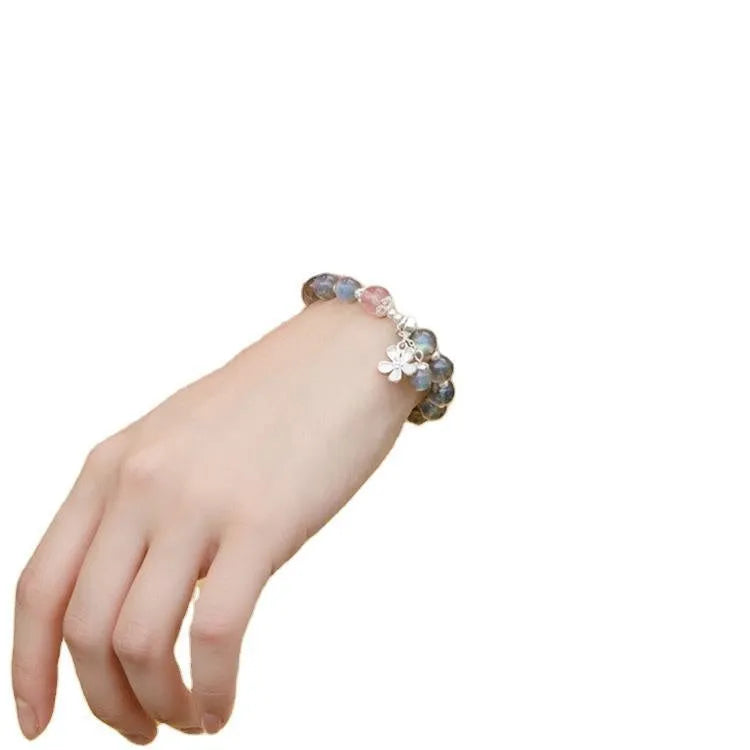 Grey moonlight crystal bracelet for women in 925 silver with honeysuckle animal zodiac design and 7.5mm beads