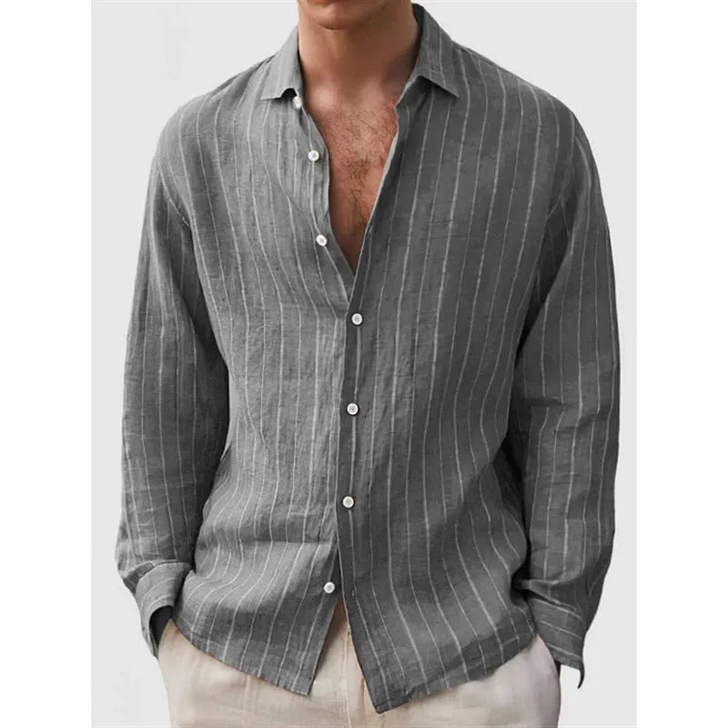 Long sleeve men's striped print shirt, 80 thread polyester, loose cardigan style, short sleeve, multiple colours