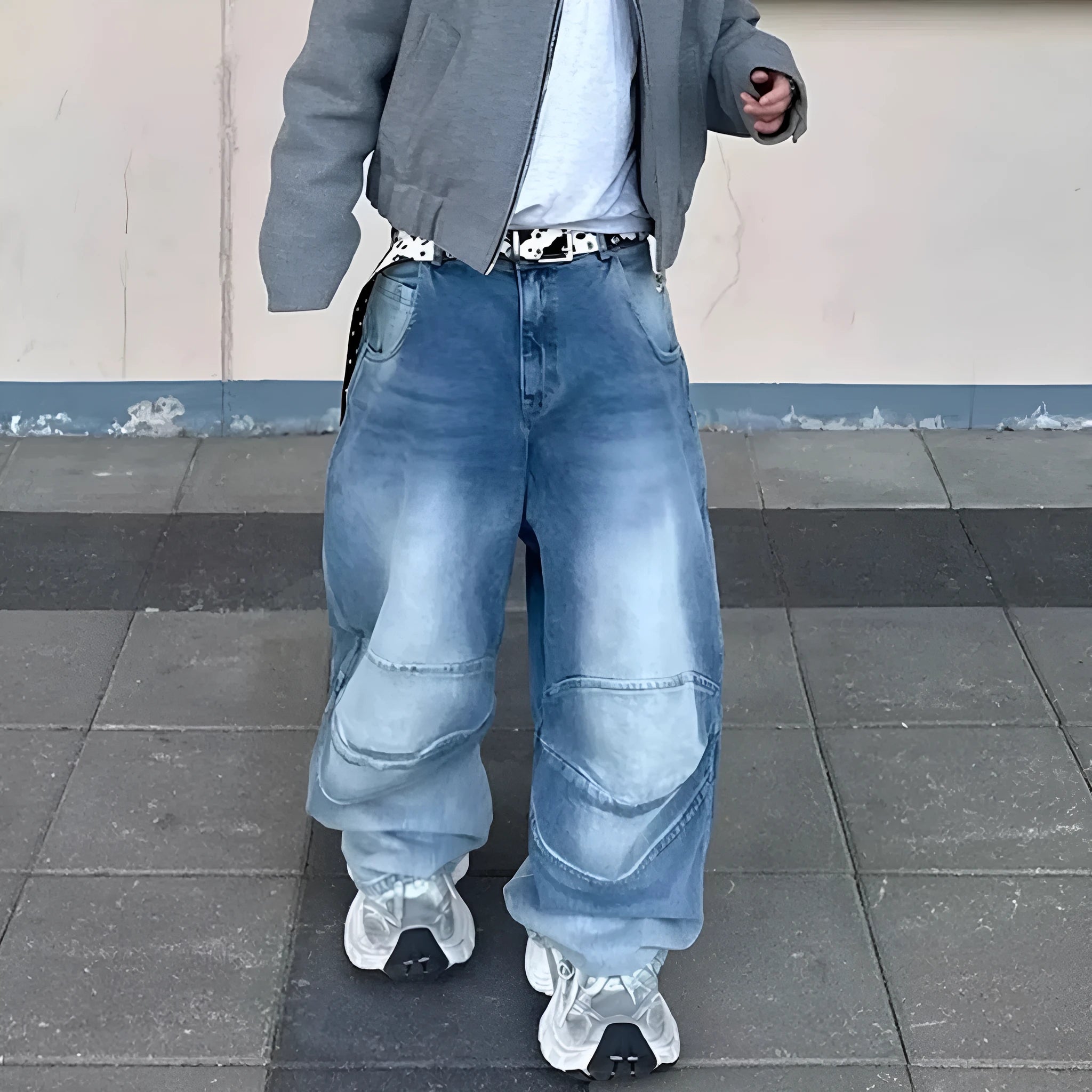 Profile pleated baggy washed white blue cotton denim straight-leg jeans with zip fly