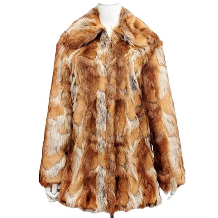 Women's tiger pattern faux fur leather jacket in a medium-length street fashion style.